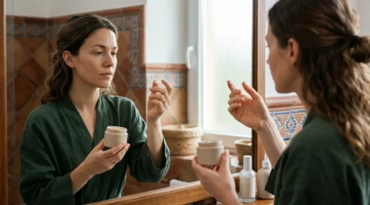 Mujer joven observando la textura de una crema hidratante frente al espejo del baño con luz natural suave