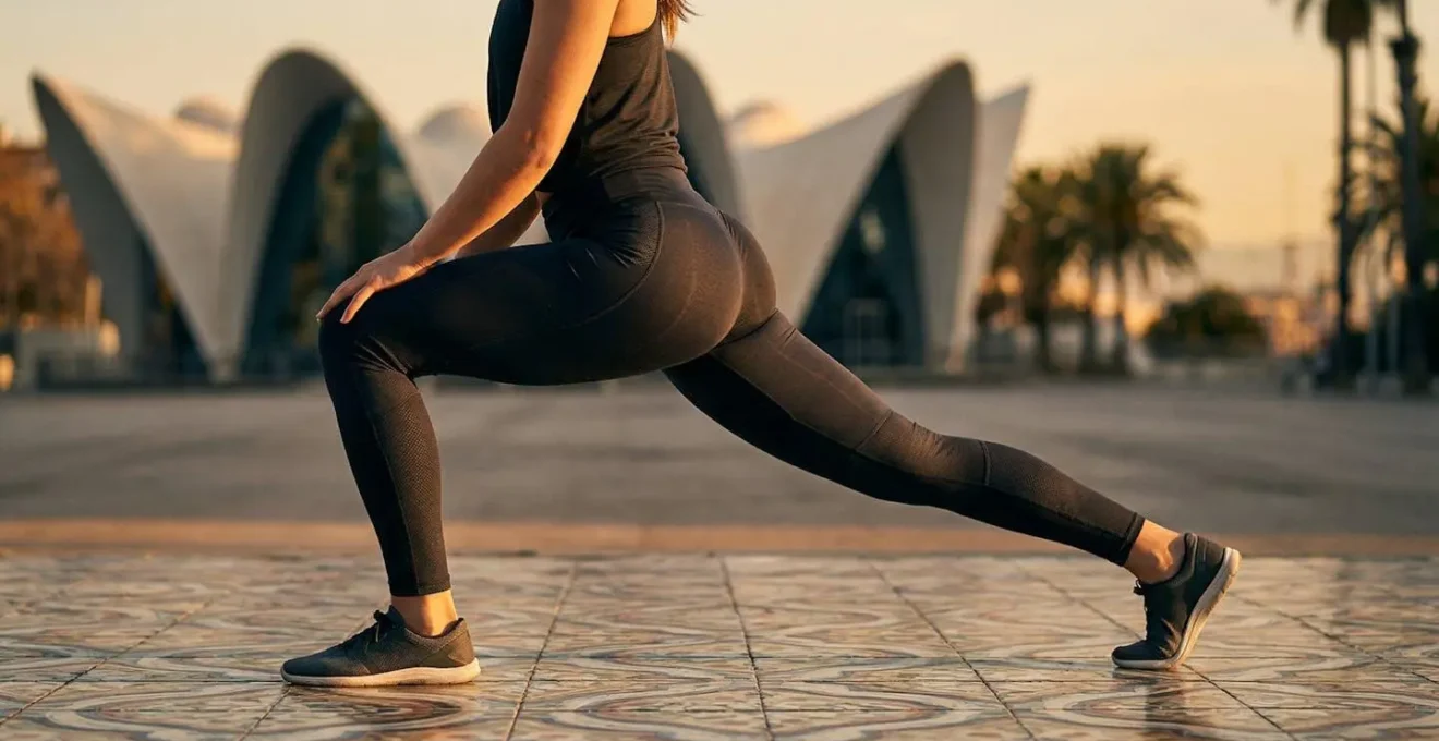 Mujer deportista con leggings técnicos de compresión entrenando en ambiente urbano español