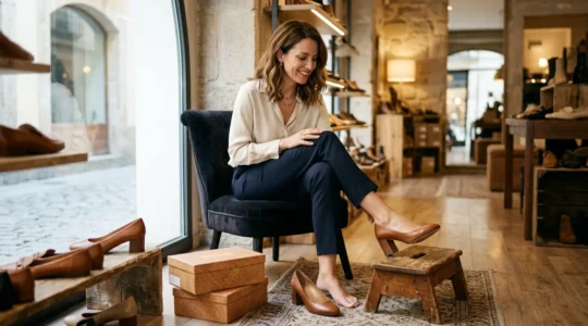 Mujer probándose zapatos de tacón cómodos en una elegante zapatería española