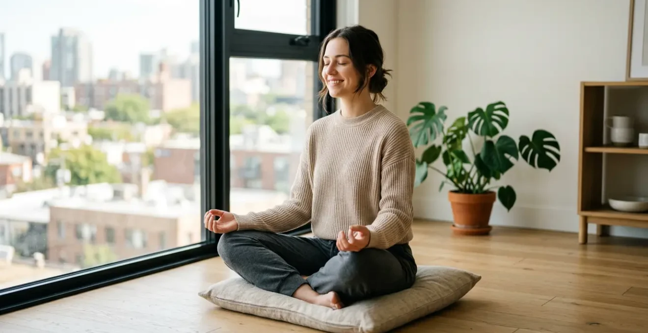Mujer joven meditando con ojos cerrados en un espacio luminoso con plantas, representando la práctica de meditación para mentes activas