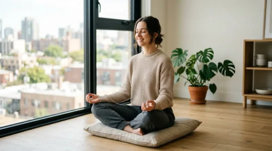 Mujer joven meditando con ojos cerrados en un espacio luminoso con plantas, representando la práctica de meditación para mentes activas