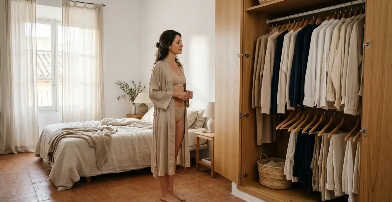 Mujer con expresión relajada frente a un armario con ropa en tonos neutros, luz de mañana suave