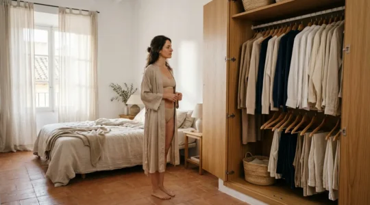 Mujer con expresión relajada frente a un armario con ropa en tonos neutros, luz de mañana suave