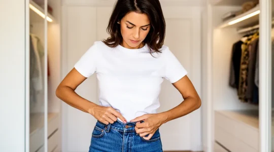 Mujer ajustando la cintura de unos pantalones vaqueros en un vestidor moderno con luz natural