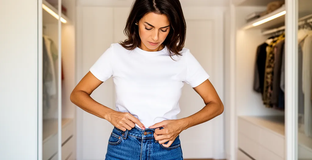 Mujer ajustando la cintura de unos pantalones vaqueros en un vestidor moderno con luz natural