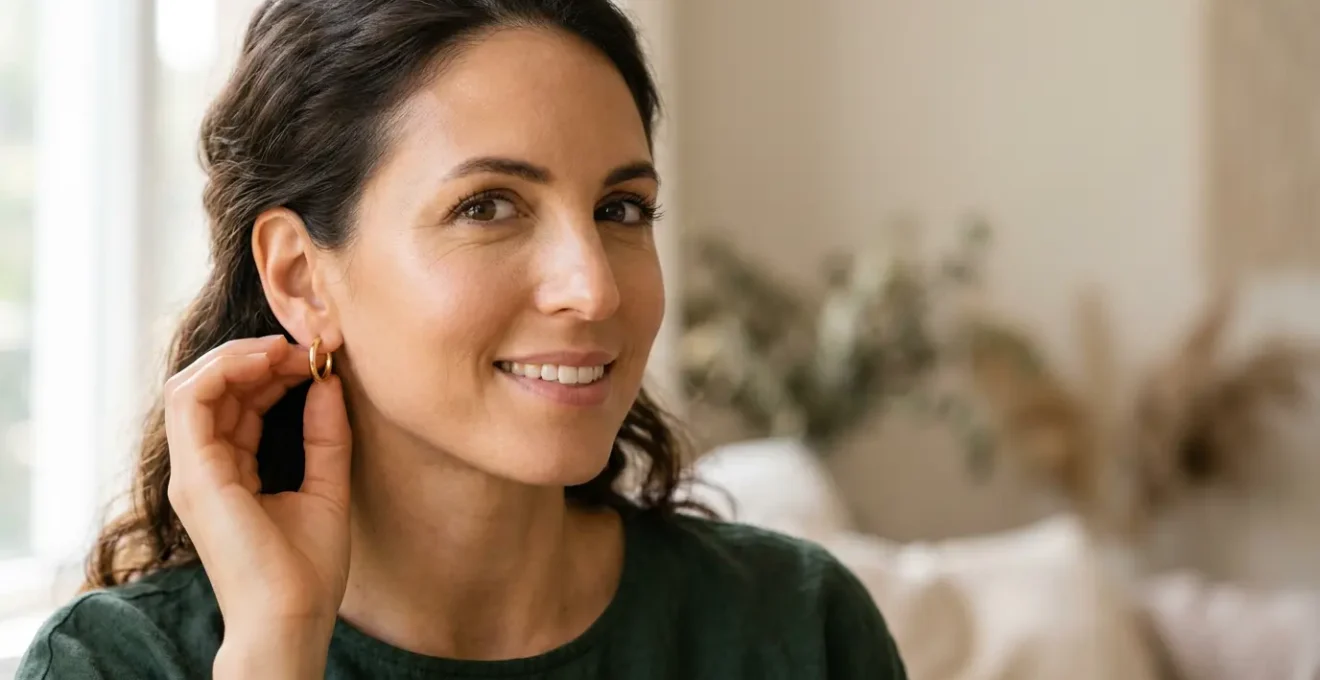 Mujer tocándose la oreja con pendientes dorados minimalistas en entorno luminoso