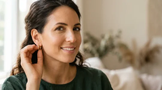 Mujer tocándose la oreja con pendientes dorados minimalistas en entorno luminoso