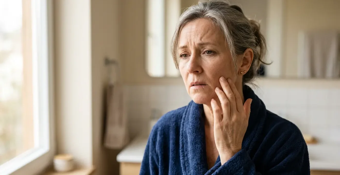 Rostro de mujer con expresión de malestar tocándose la mejilla seca