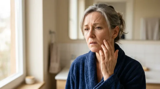 Rostro de mujer con expresión de malestar tocándose la mejilla seca