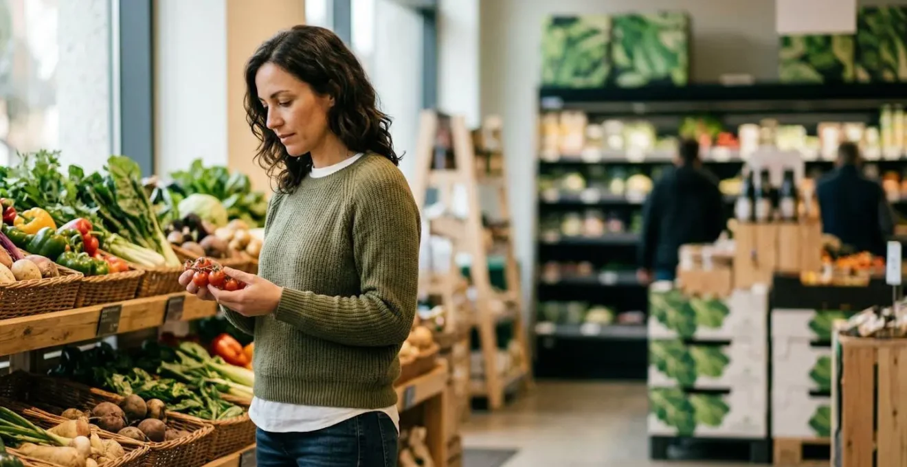Consumidora analizando productos ecológicos en un supermercado moderno