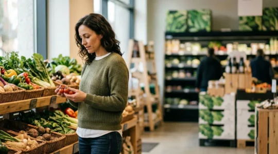 Consumidora analizando productos ecológicos en un supermercado moderno