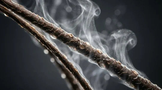 Vista microscópica del vapor dañando la estructura del cabello húmedo cuando se aplica calor