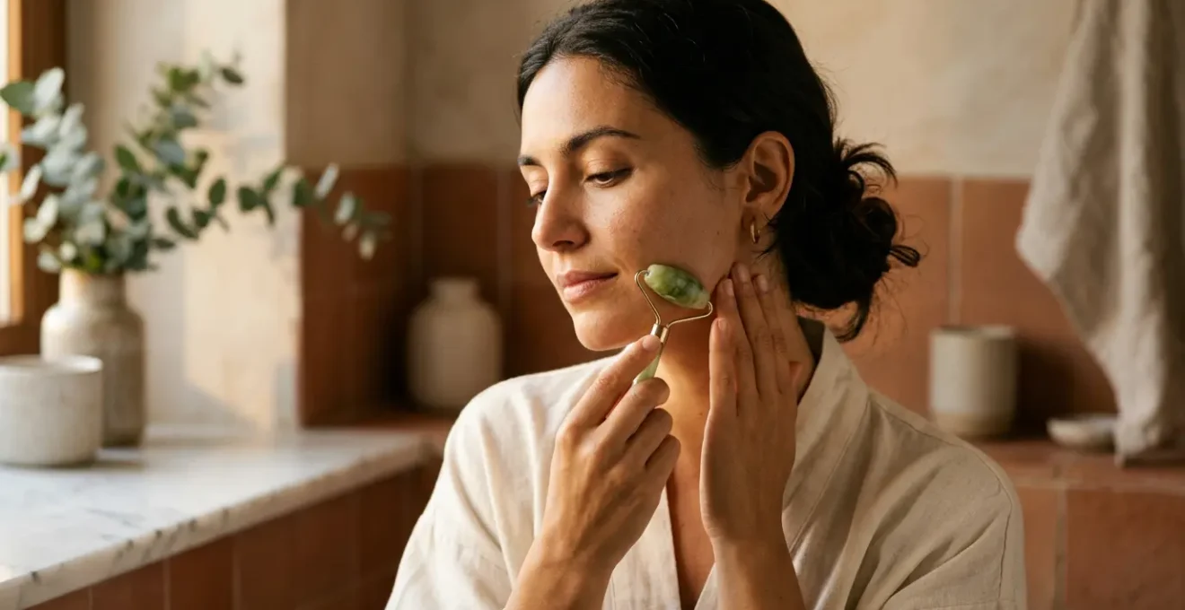 Mujer utilizando un rodillo de jade verde sobre su línea mandibular en un entorno de spa mediterráneo