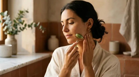 Mujer utilizando un rodillo de jade verde sobre su línea mandibular en un entorno de spa mediterráneo