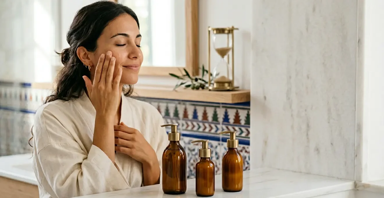 Mujer aplicando productos de cuidado facial en tres pasos con reloj de arena simbolizando el tiempo limitado