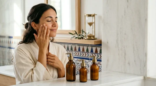 Mujer aplicando productos de cuidado facial en tres pasos con reloj de arena simbolizando el tiempo limitado