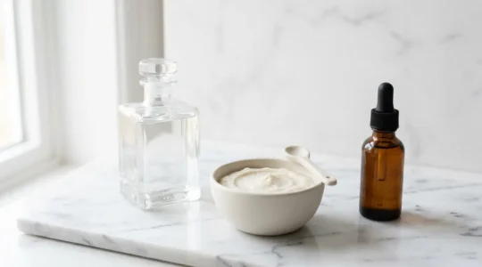Tres productos esenciales para el cuidado capilar minimalista dispuestos sobre superficie de mármol blanco