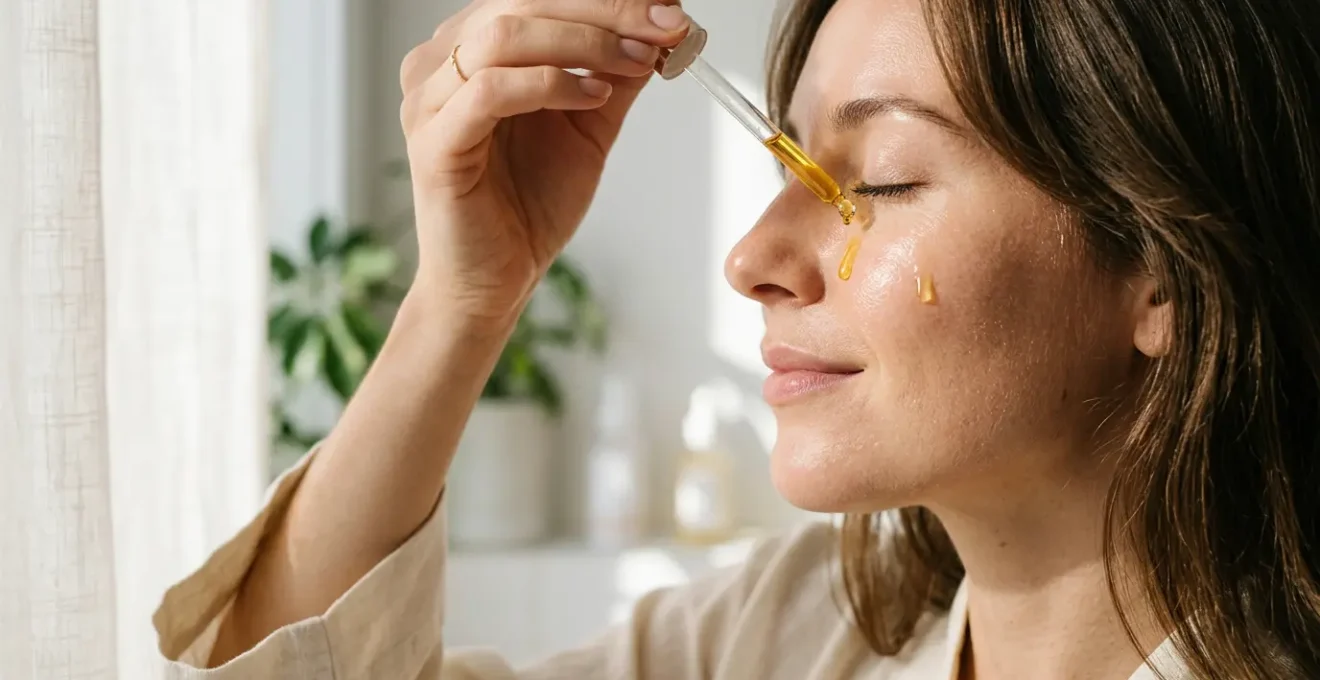 Aplicación de sérum facial antiedad en rutina de cuidado de la piel