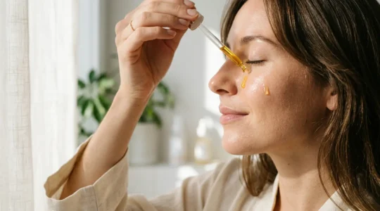 Aplicación de sérum facial antiedad en rutina de cuidado de la piel