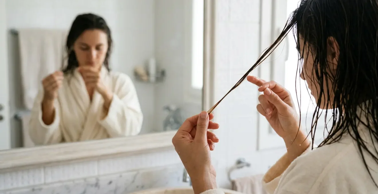 Mujer realizando la prueba de elasticidad en su cabello en el baño de casa