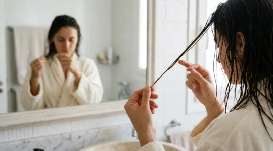 Mujer realizando la prueba de elasticidad en su cabello en el baño de casa