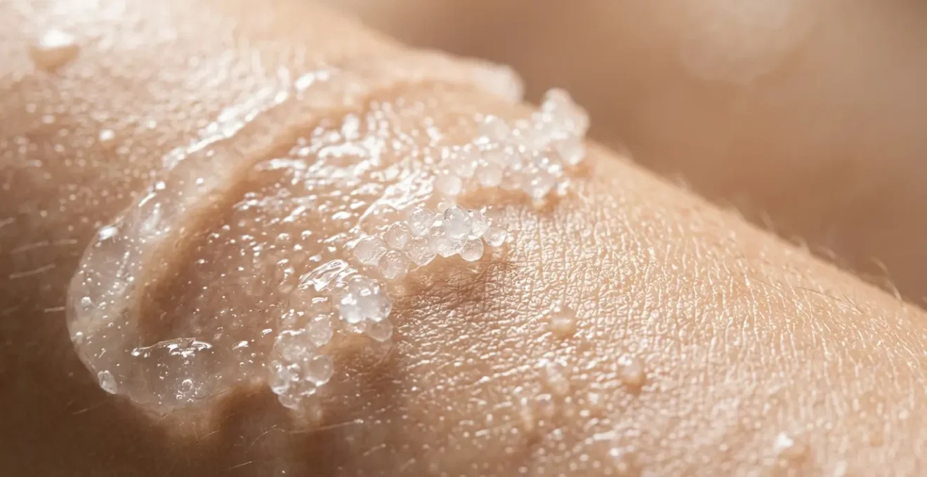 Textura de gel transparente transformándose en perlas sobre piel radiante