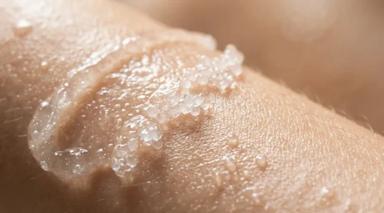 Textura de gel transparente transformándose en perlas sobre piel radiante
