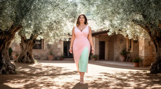 Mujer con silueta curvilínea luciendo vestido elegante para boda de día