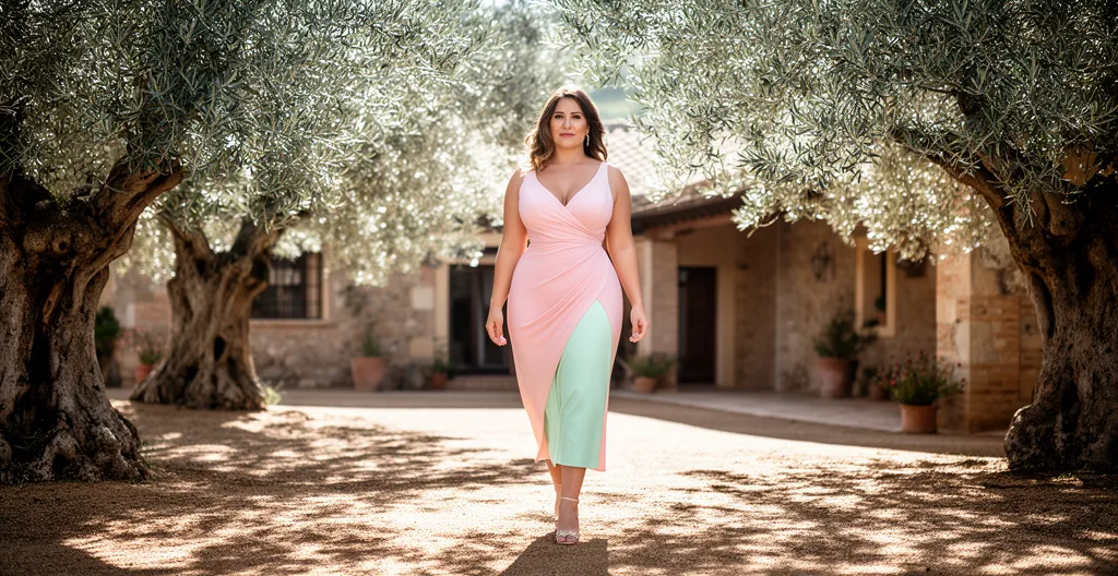 Mujer con silueta curvilínea luciendo vestido elegante para boda de día