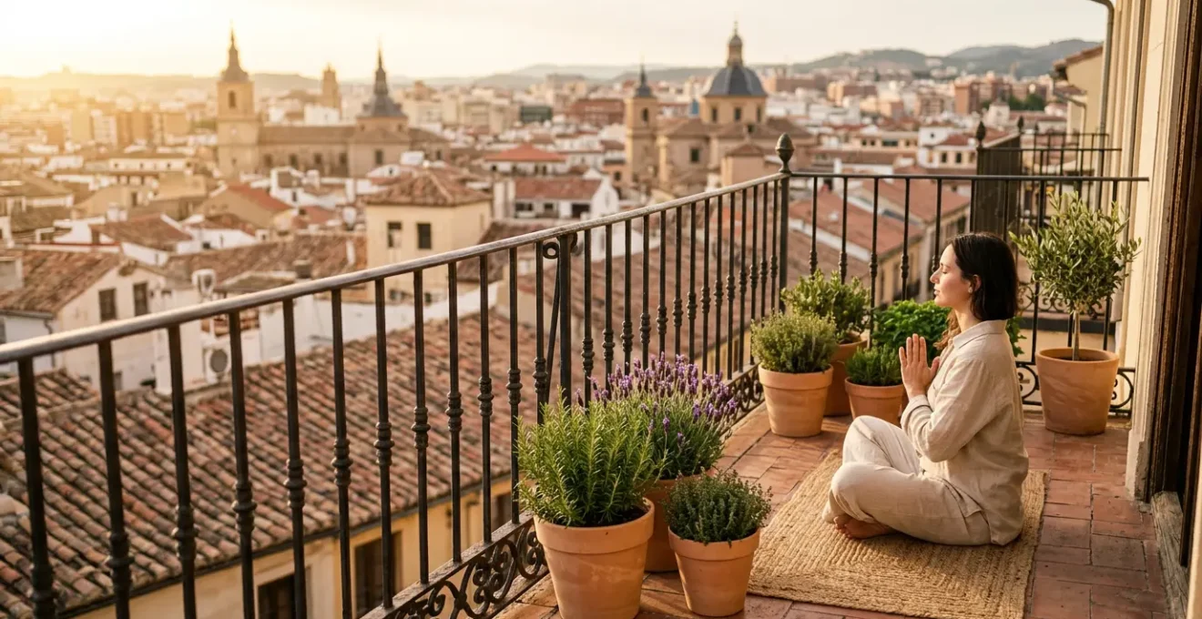 Persona practicando yoga en balcón urbano con plantas mediterráneas y arquitectura española al fondo