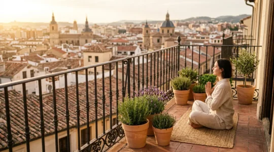 Persona practicando yoga en balcón urbano con plantas mediterráneas y arquitectura española al fondo