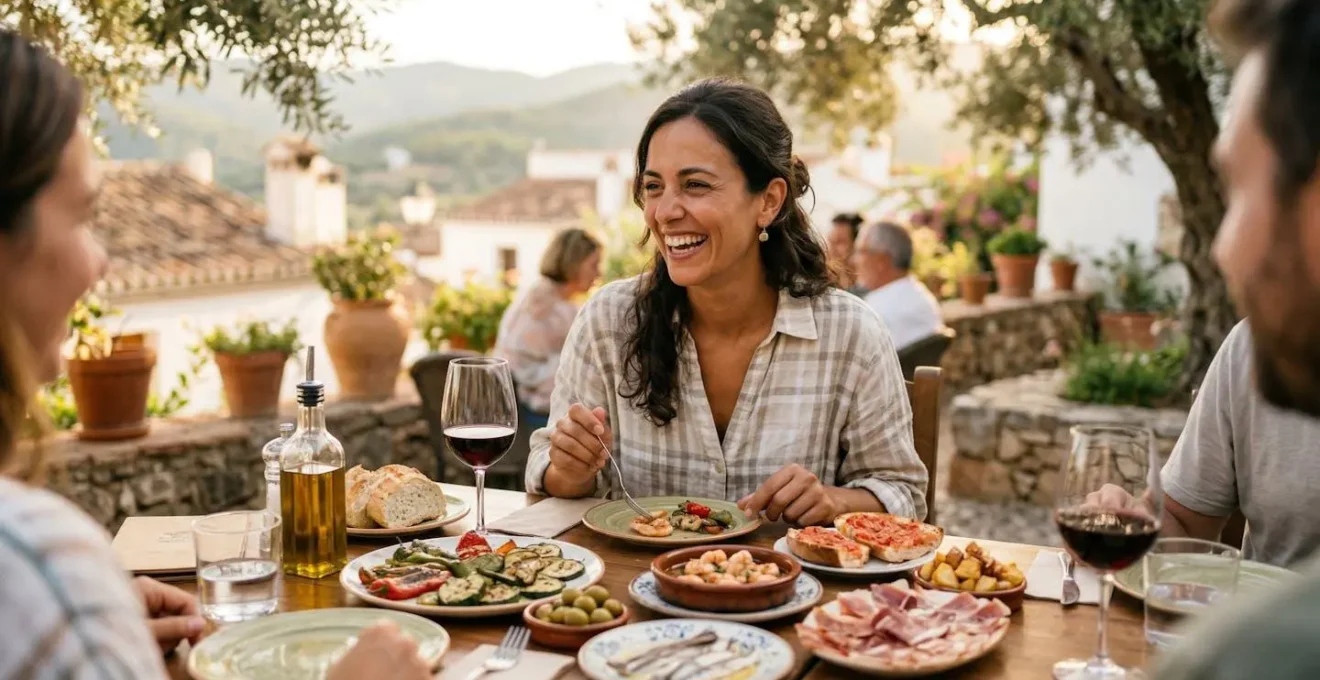 Mujer disfrutando de una comida equilibrada y variada con amigos en una terraza española