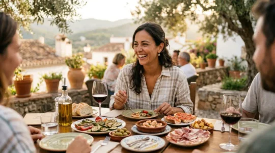 Mujer disfrutando de una comida equilibrada y variada con amigos en una terraza española