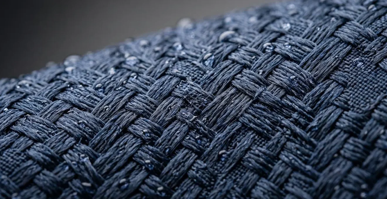Detalle macro de tejido cortaviento con tecnología térmica para clima costero