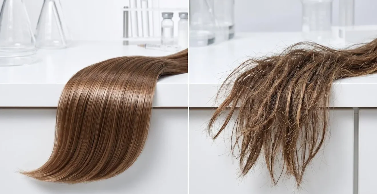 Comparación visual entre cabello tratado con aceite capilar profesional y aceite de cocina