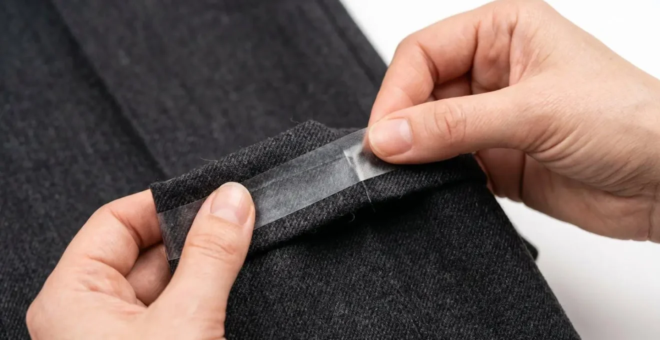 Detalle macro de manos ajustando el dobladillo de un pantalón de vestir con cinta termoadhesiva