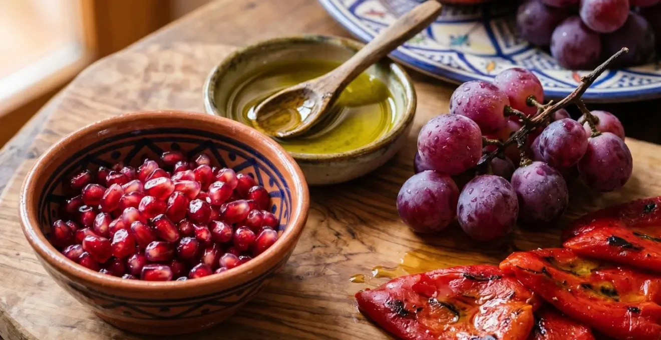 Composición de alimentos antioxidantes españoles sobre mesa de madera rústica