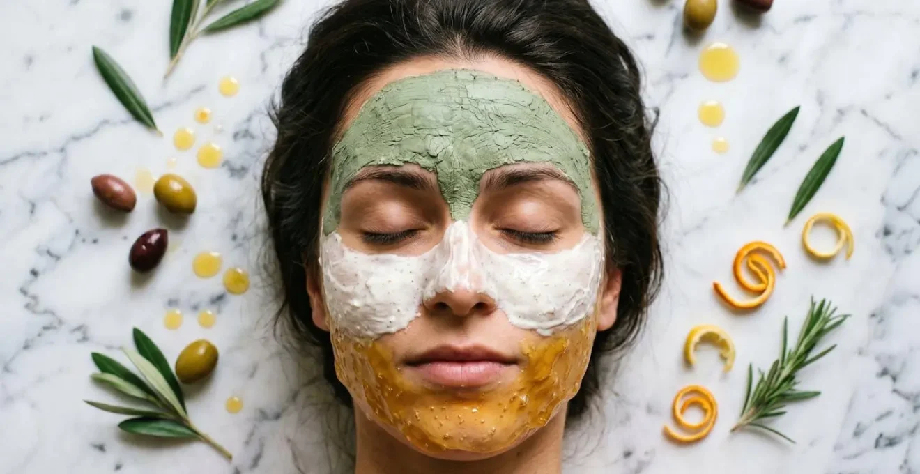 Vista cenital de diferentes texturas de mascarillas aplicadas por zonas del rostro