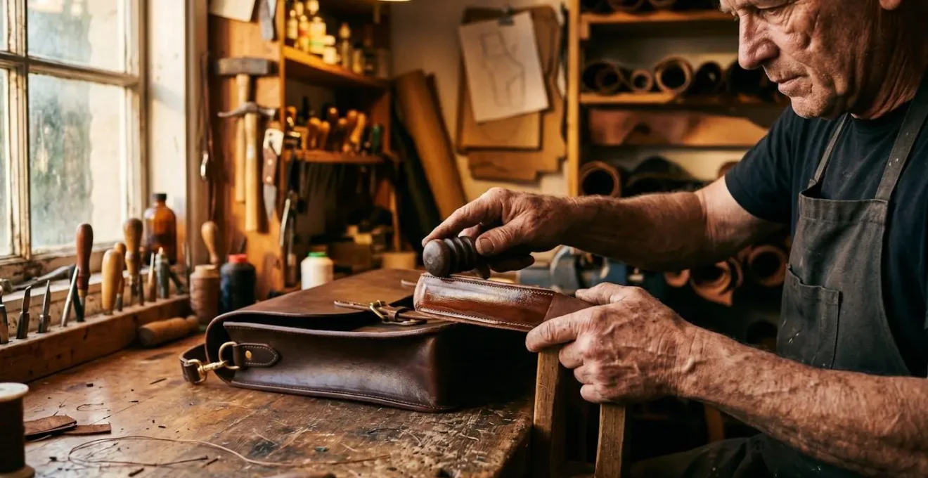 Artesano de Ubrique aplicando técnica tradicional de lujado de cantos en bolso de piel