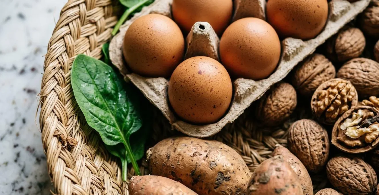 Vista cenital de cesta de compra con huevos camperos, nueces, lentejas y verduras frescas