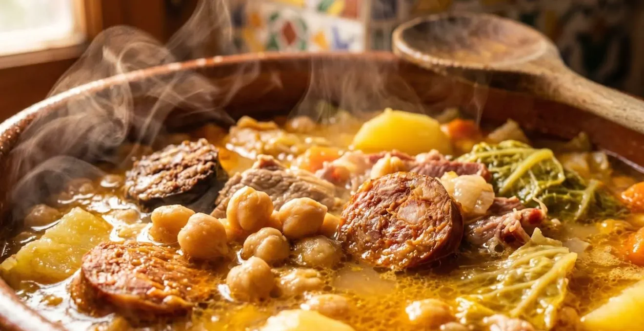 Olla de cocción lenta con un apetitoso cocido madrileño tradicional en una cocina española.
