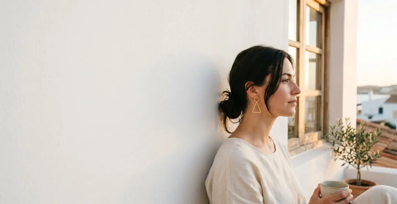 Retrato de mujer con diferentes pendientes metálicos iluminando su rostro