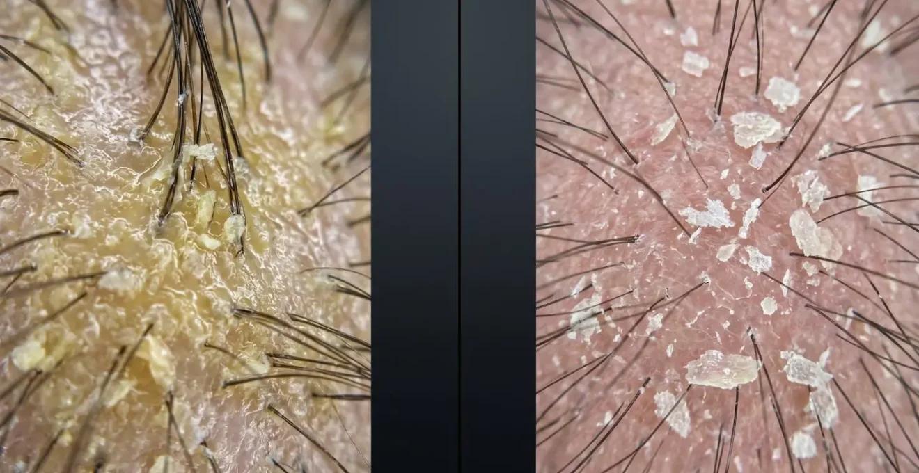 Vista macro comparativa de las diferentes texturas entre caspa grasa y caspa seca