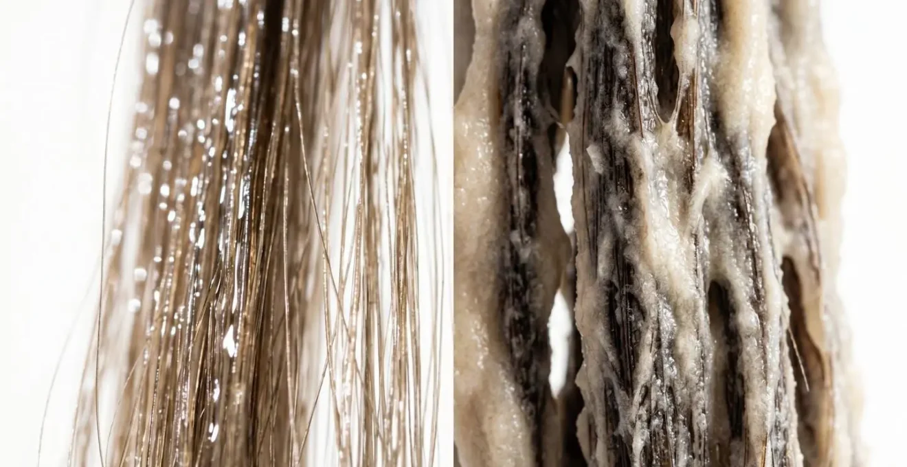 Comparación visual de texturas de leave-in líquido y crema de peinado densa sobre mechones de cabello