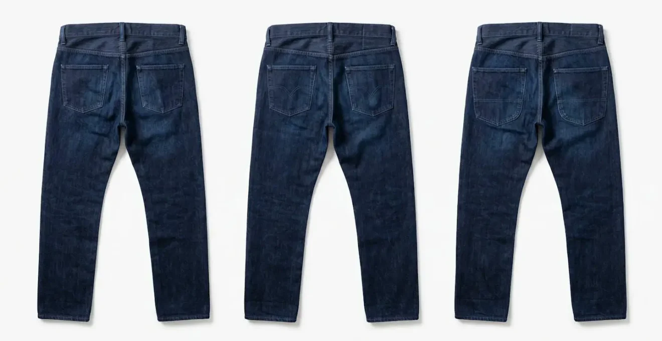 Comparación de diferentes posiciones y tamaños de bolsillos en jeans y su efecto visual en los glúteos