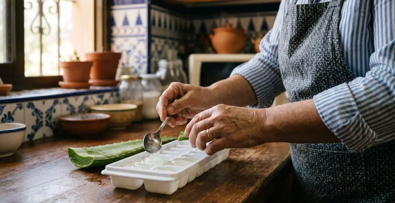 Cubitos de gel de aloe vera congelados en bandeja para conservación prolongada