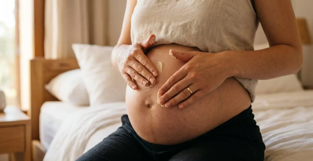 Primer plano de las manos de una mujer embarazada aplicando con delicadeza una manteca natural sobre su vientre para prevenir estrías.