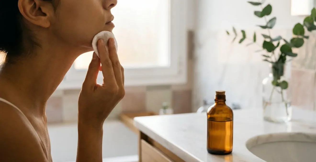 Manos aplicando tónico exfoliante con algodón sobre piel del rostro en rutina nocturna