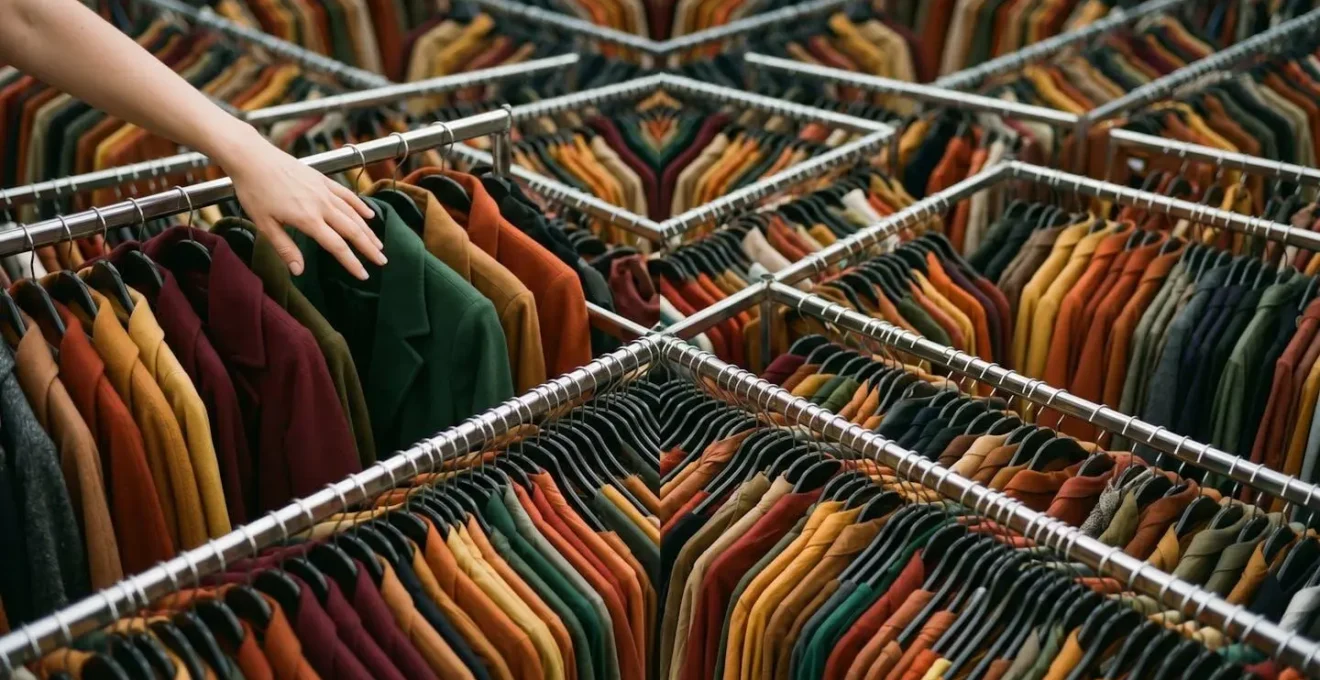 Interior de tienda con perchas repletas mostrando la sobreabundancia de opciones durante las rebajas