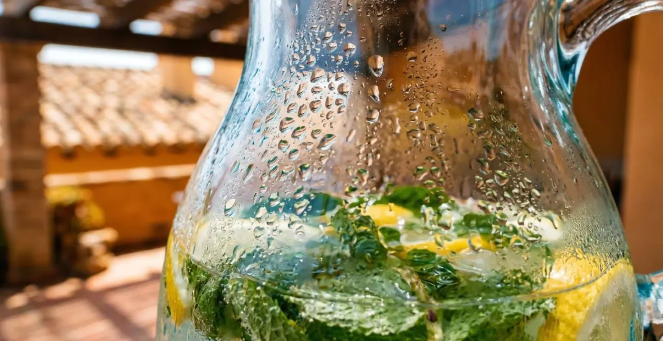 Primer plano de bebidas naturales de hidratación con limones y sales minerales en ambiente veraniego español